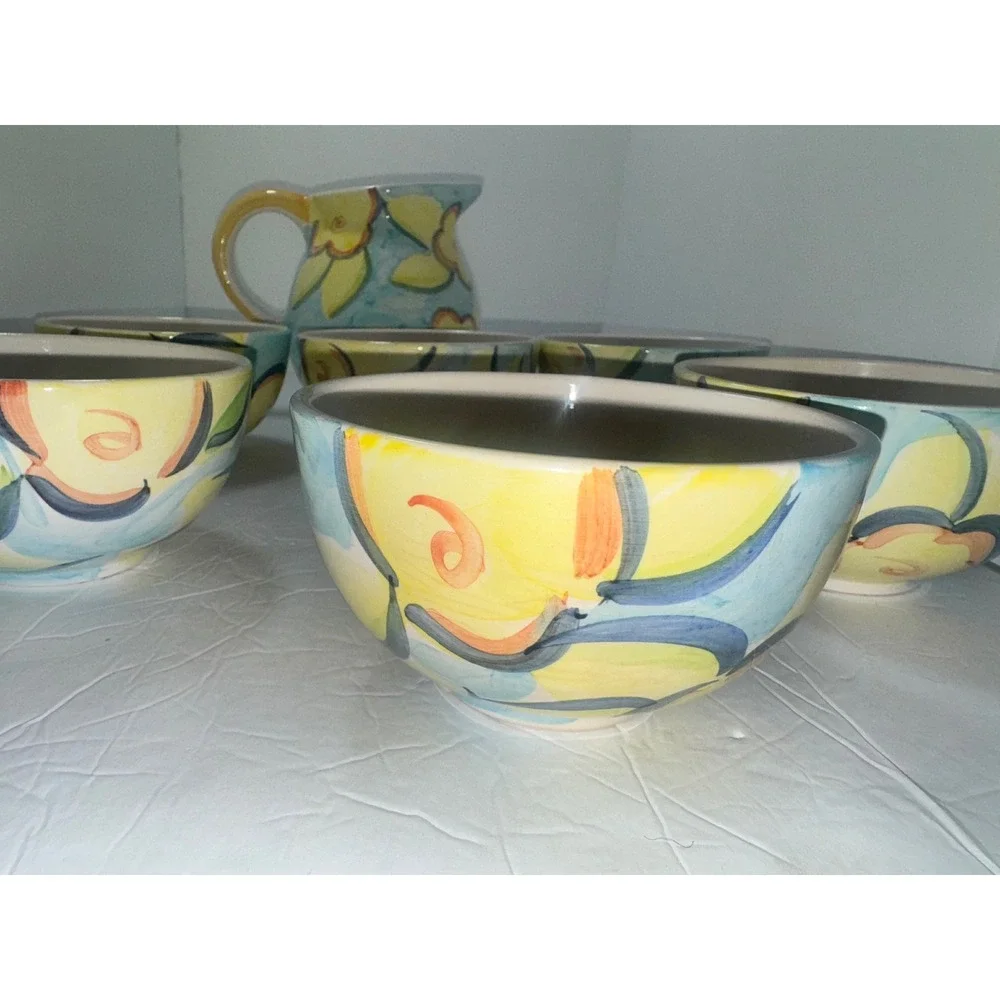 Artist's Touch Spring Accent Heritage Mint Pitcher w/6 Bowls Flowers RARE
